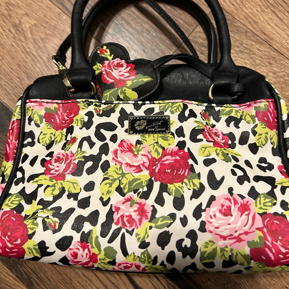 Betsey Johnson Satchel Purse Handbag Pink Roses Black Backround